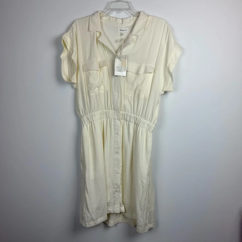 NWT Thread & Supply Maya Cream Dress Button Front Elastic Waist Size L - Picture 5 of 17